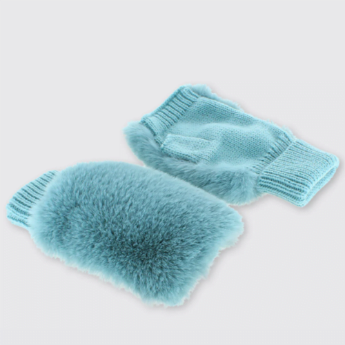 Faux Fur Fingerless Gloves - Blue