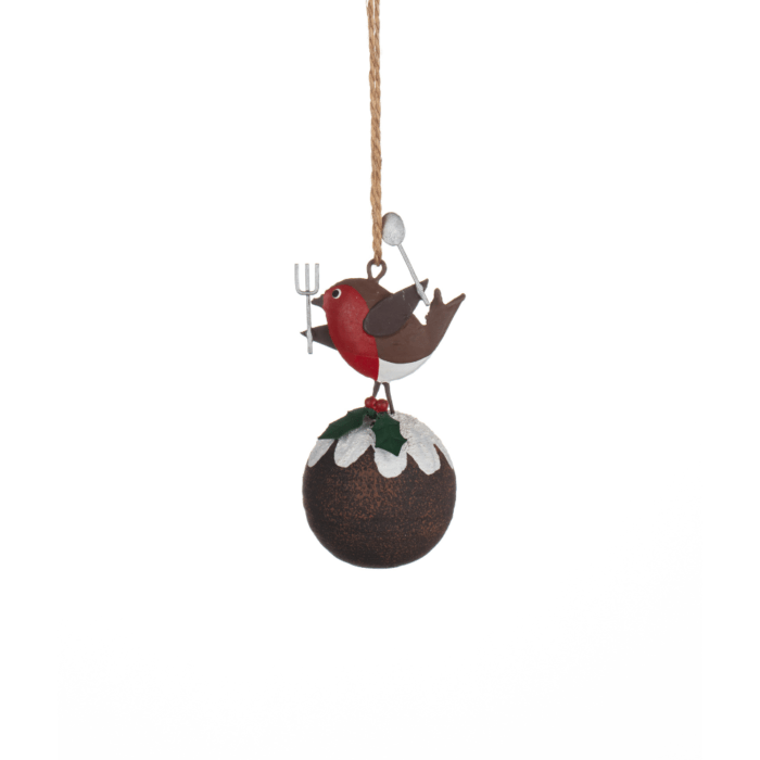 Robin on Xmas Pudding Christmas Tree Decoration