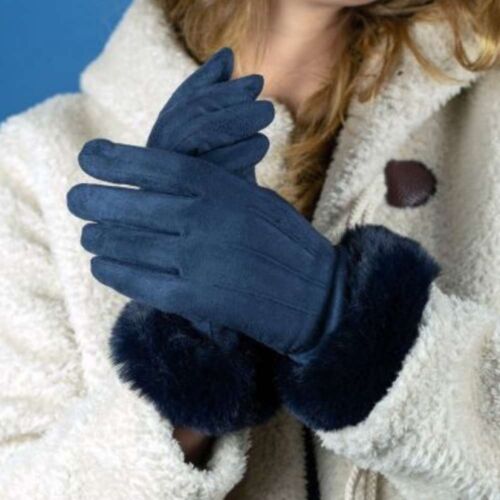 Faux Fur Trim Gloves. Navy.