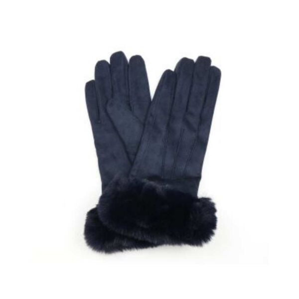 Faux Fur Trim Gloves. Navy.