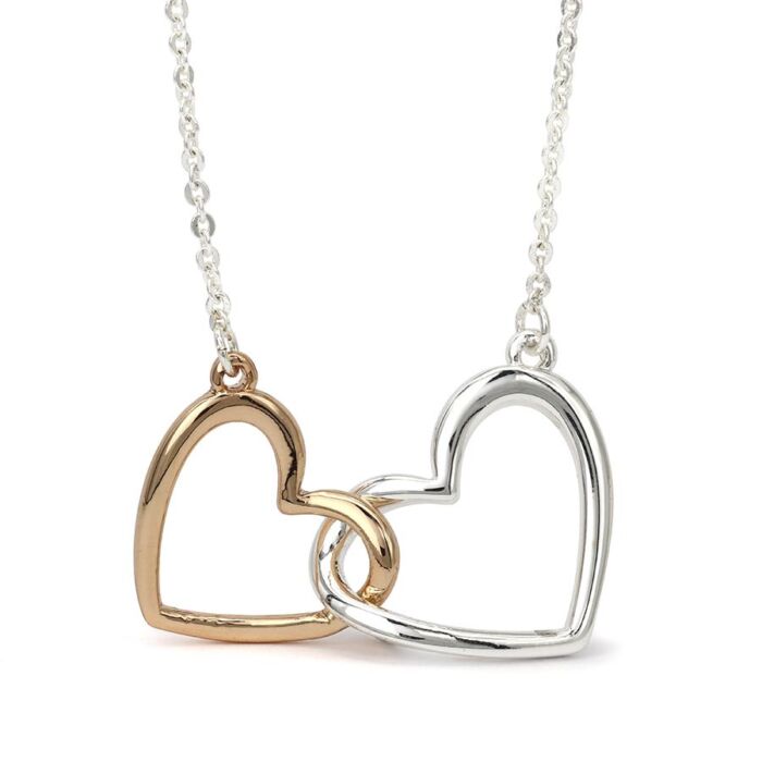 silver plated double heart necklace .
