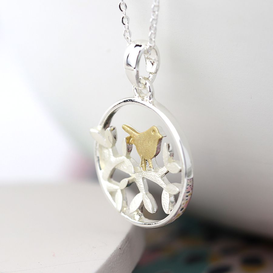 Necklace with Plated Gold Bird And Silver Tree and Surround