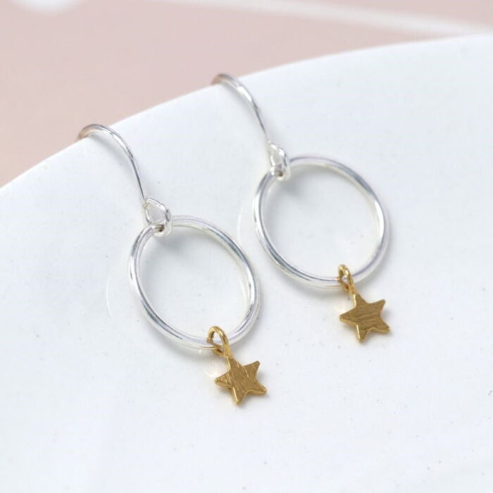 Sterling Silver hoop earrings with gold star