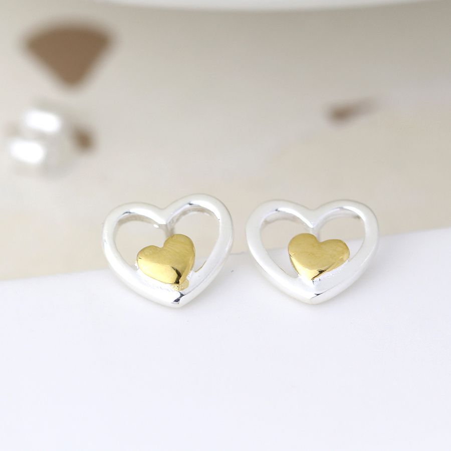 Silver Sterling Heart Studs With Gold Finishing