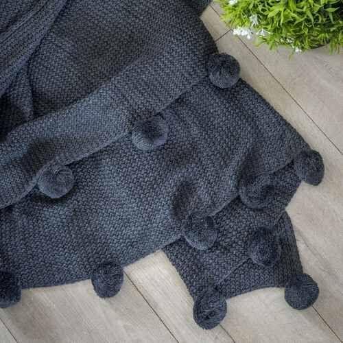 Pom Pom Knitted Throw in Charcoal