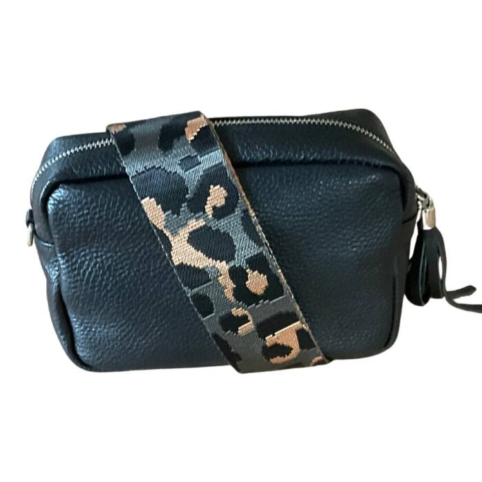 Black Leather Bag with camouflage strap