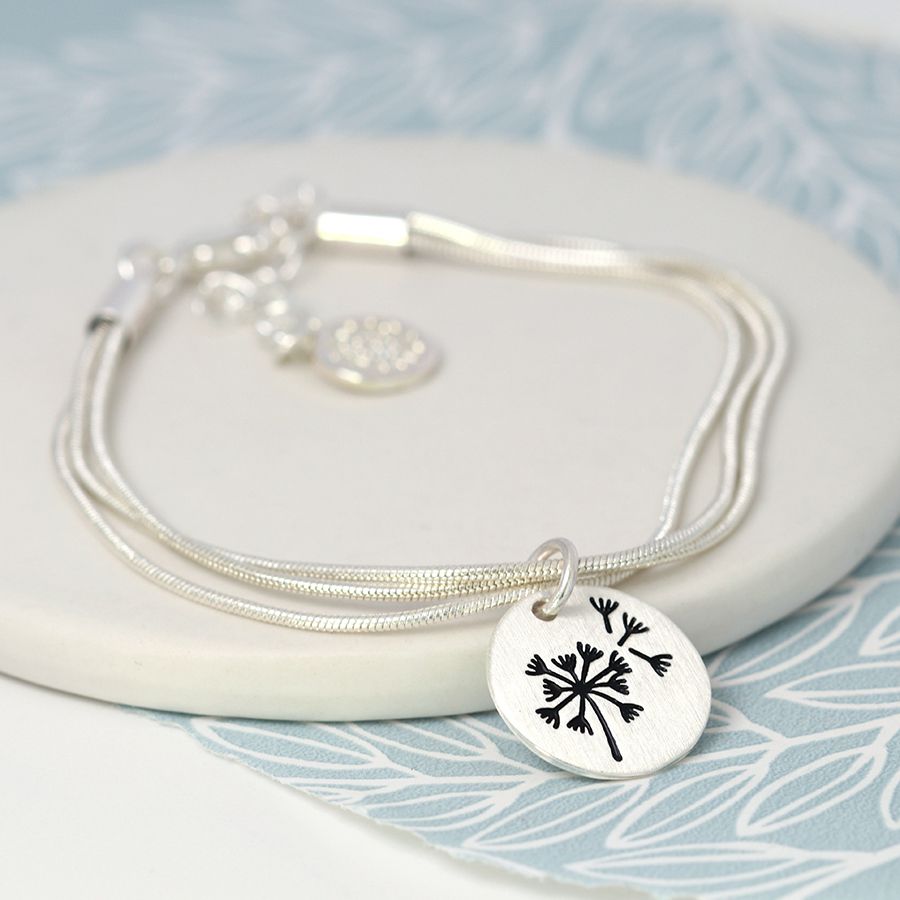 Silver plated dandelion charm bracelet