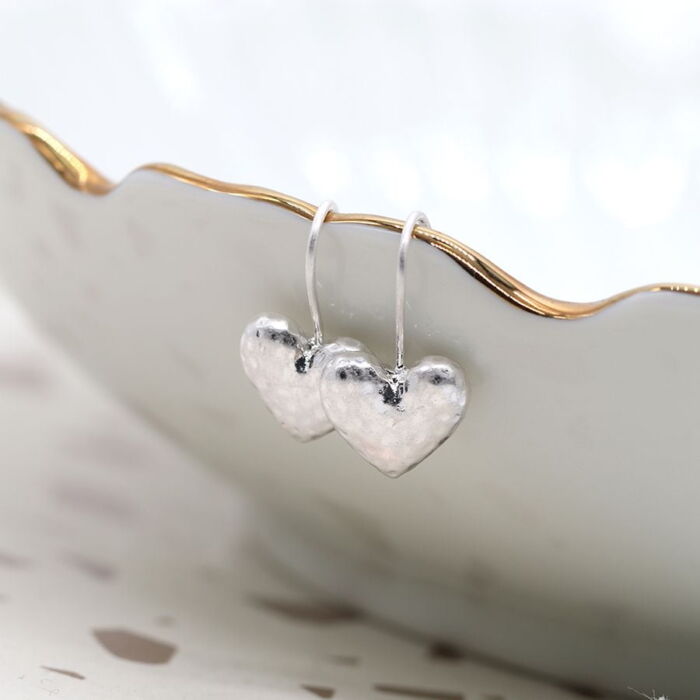 Silver Plated Hammered Heart Drop Earrings