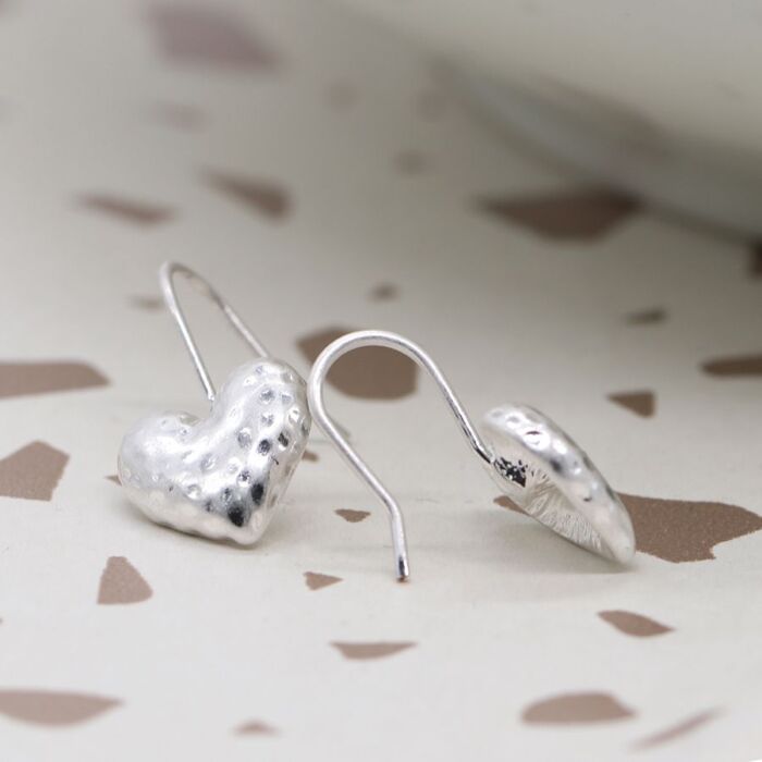 Silver Plated Hammered Heart Drop Earrings