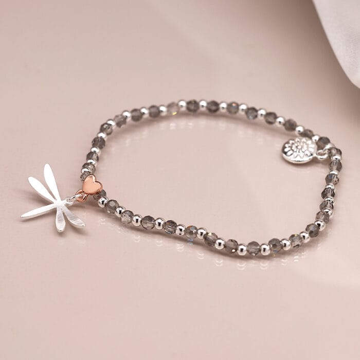 Crystal bead silver plated dragonfly bracelet