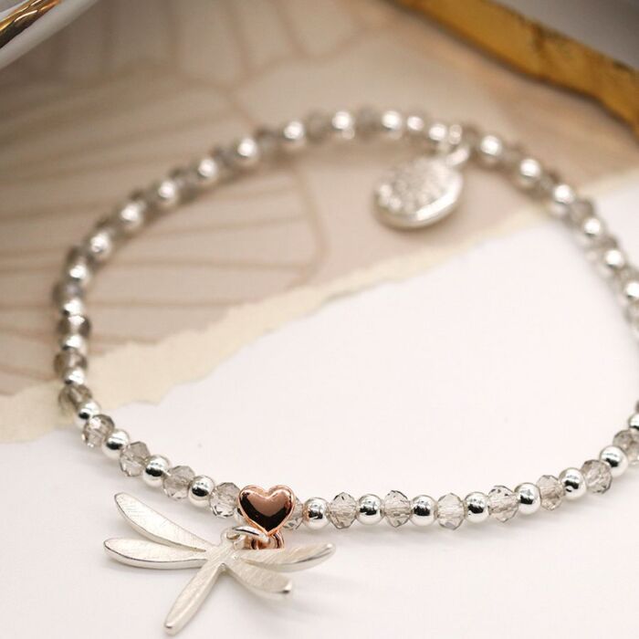 Silver and rose gold plated beaded bracelet with Dragon Fly Charm