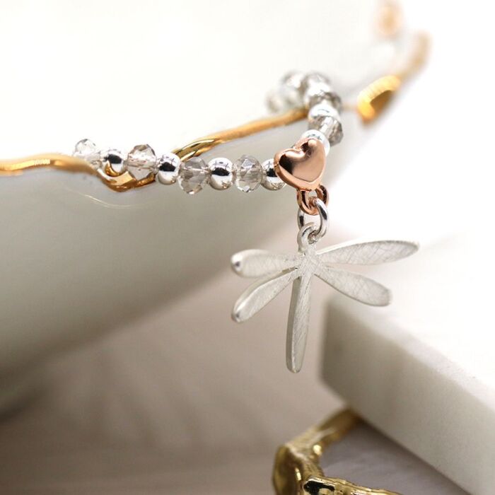 Silver and rose gold plated beaded bracelet with Dragon Fly Charm
