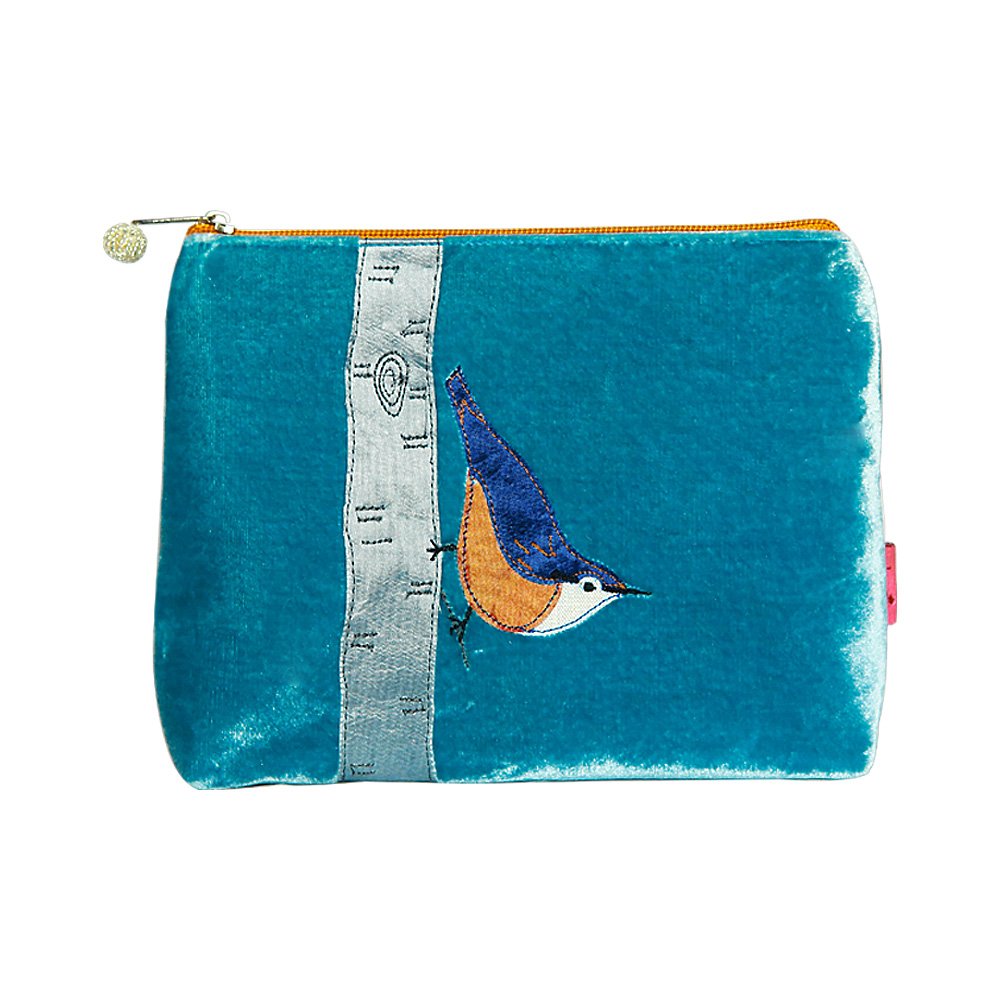 Lua Velvet Cosmetic Bag. Bird. Blue