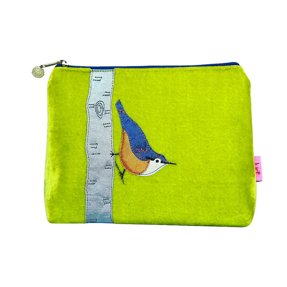 Lua Velvet Cosmetic Bag. Bird, Lime