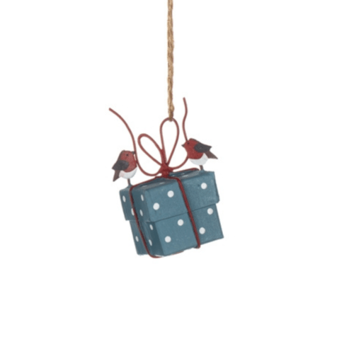 Robins Tying Blue Parcel Christmas Tree Decoration