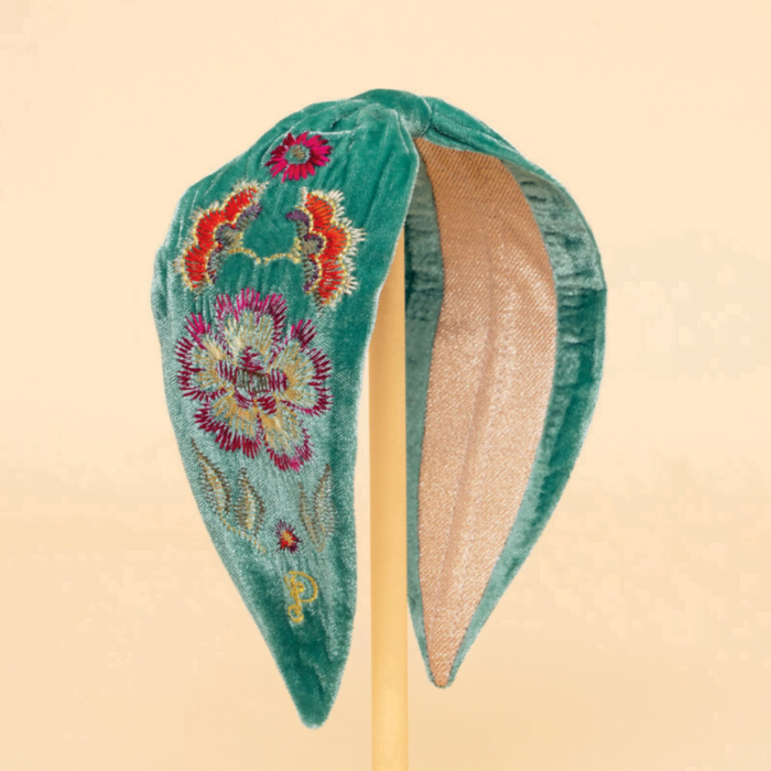 Powder Velvet Embroidered Headband - Floral Aqua