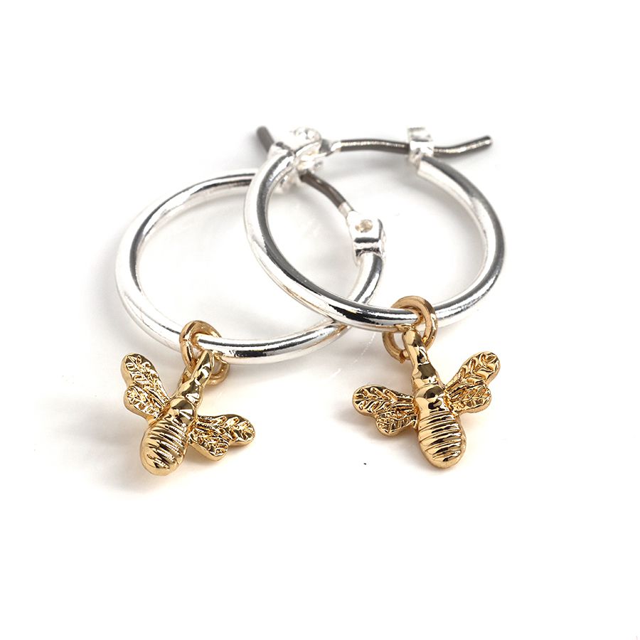 Silver and gold plated hoop bee earrings.