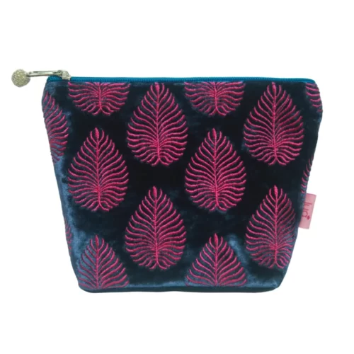 Velvet Embroidered Leaf Cosmetic Purse - Navy
