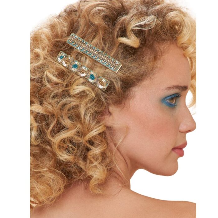 Narrow Jewelled Hair Bar (Set of 2) - Teal Ovals & Beads