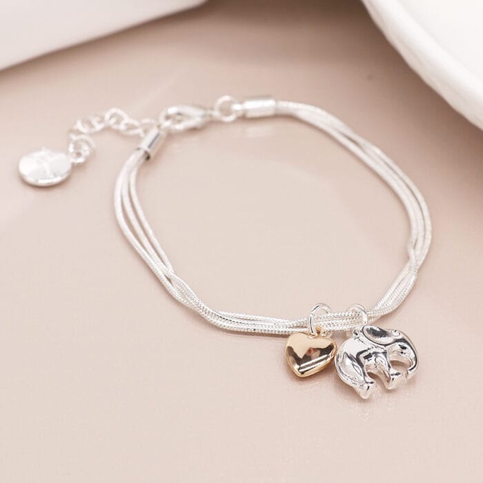 Triple strand silver plated elephant heart bracelet