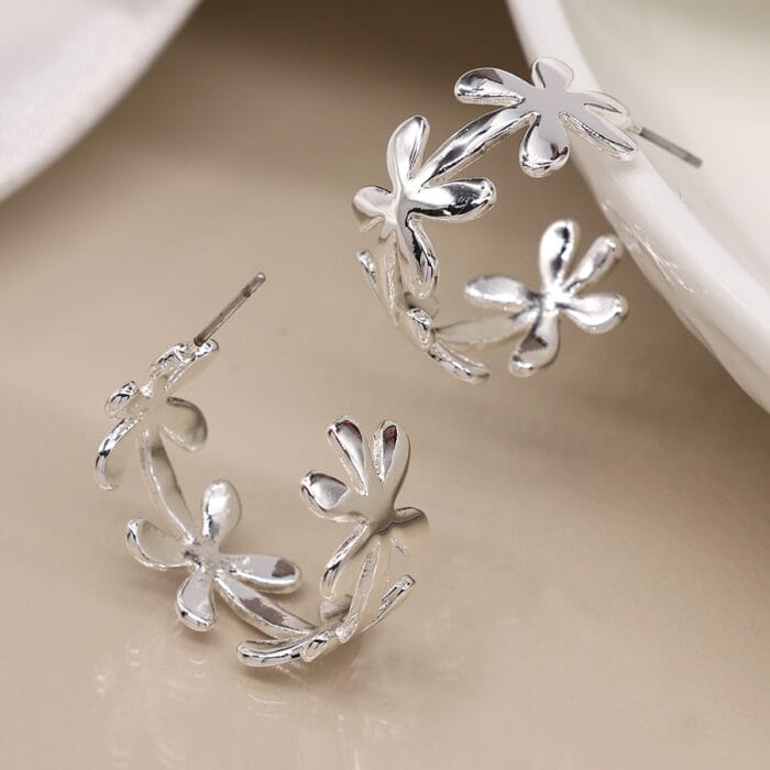 Silver plated daisy hoop earrings