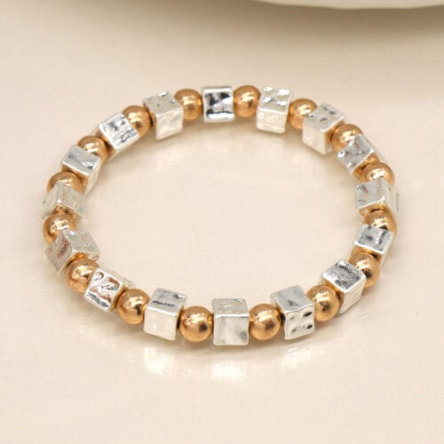 Silver plated cube and gold bead bracelet