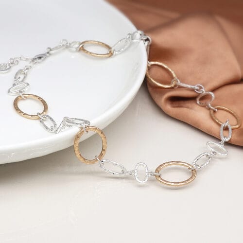 Silver plated and faux gold hammered linked hoops necklace