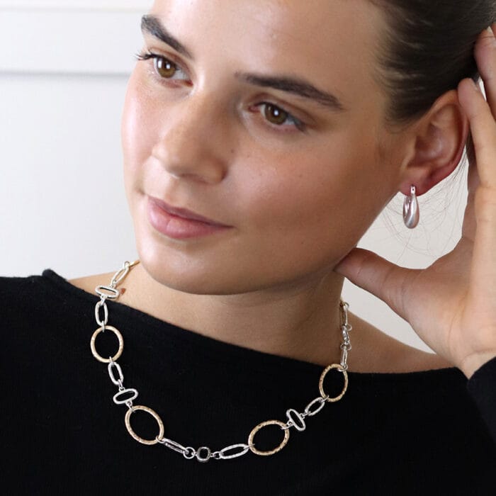 Silver plated and faux gold hammered linked hoops necklace