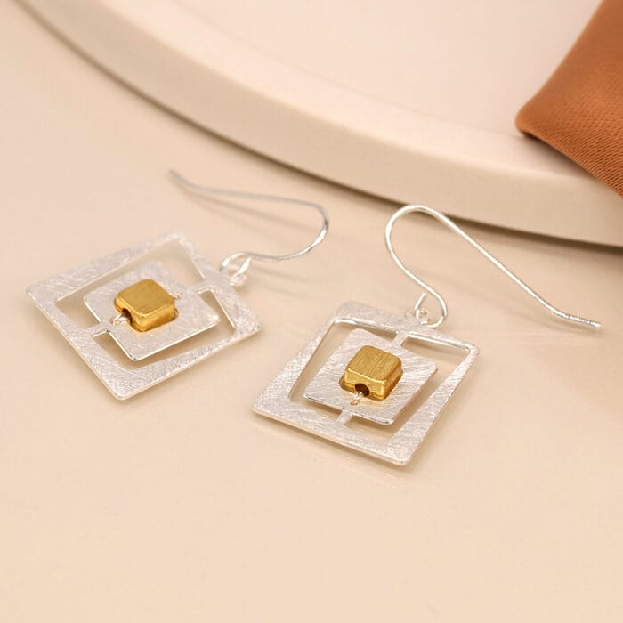silver plated irregular nested square earrings