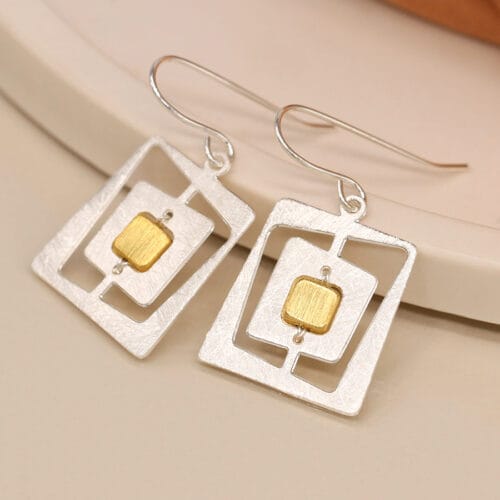 silver plated irregular nested square earrings