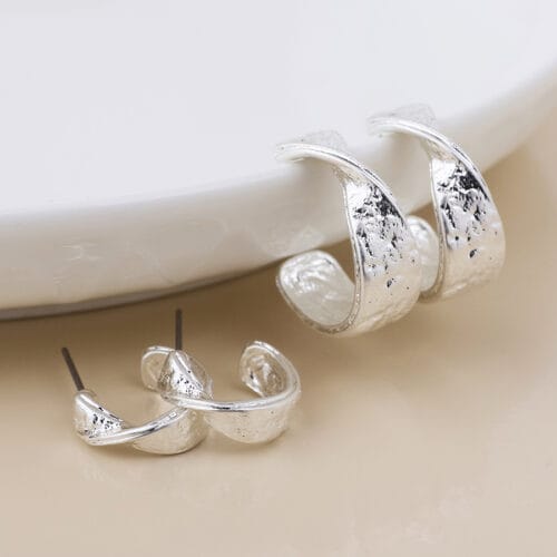 Silver plated textured hoop earrings