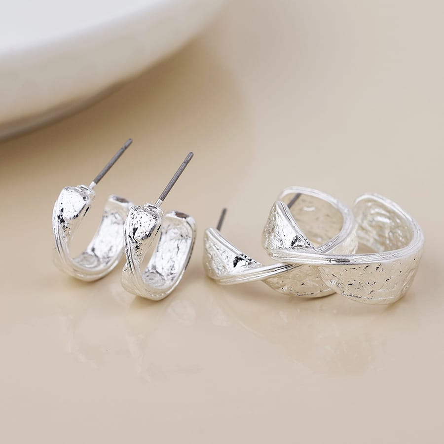 Silver plated textured hoop earrings